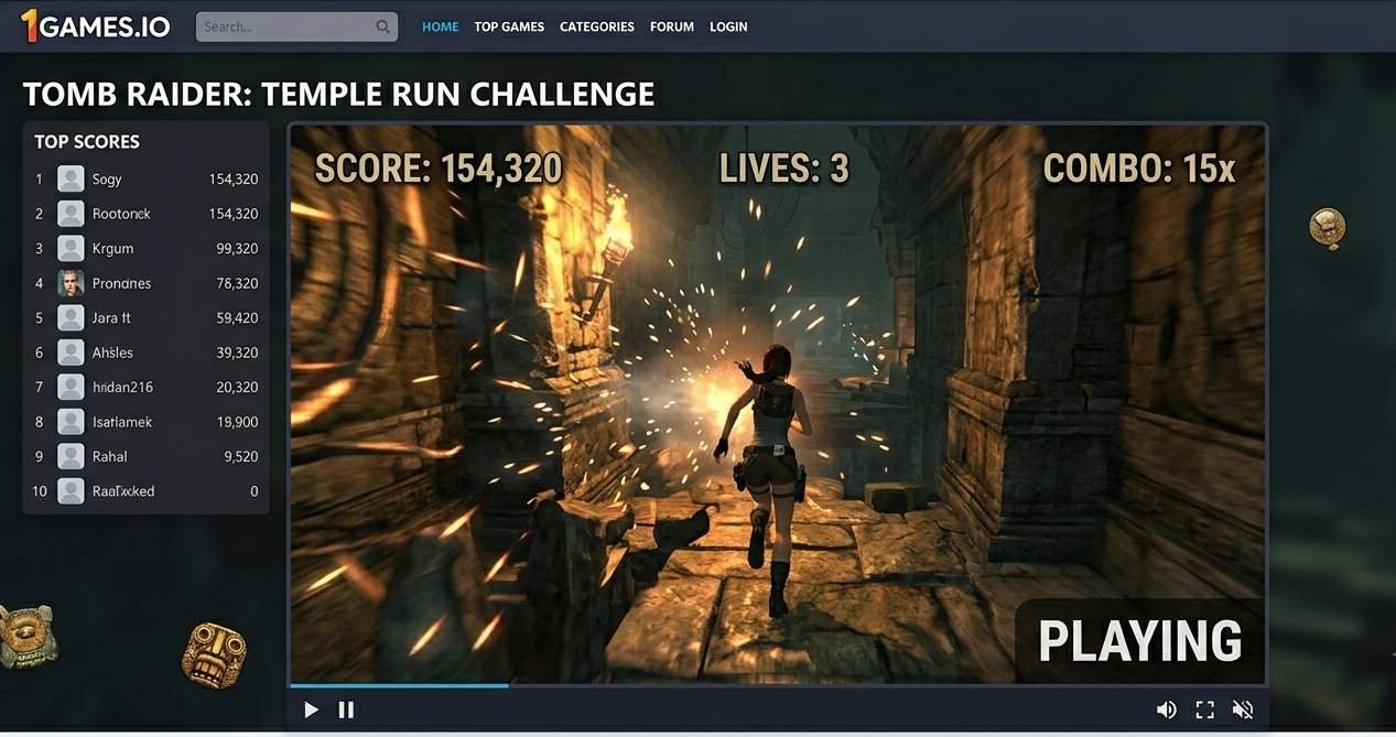 A browser game running inside the 1Games.io platform interface on desktop