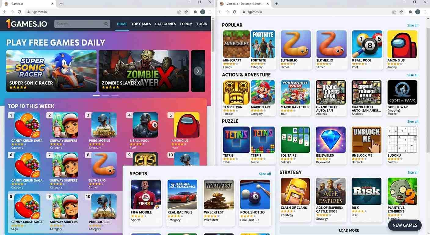 1Games.io homepage showing free browser game library organized in a colorful grid layout