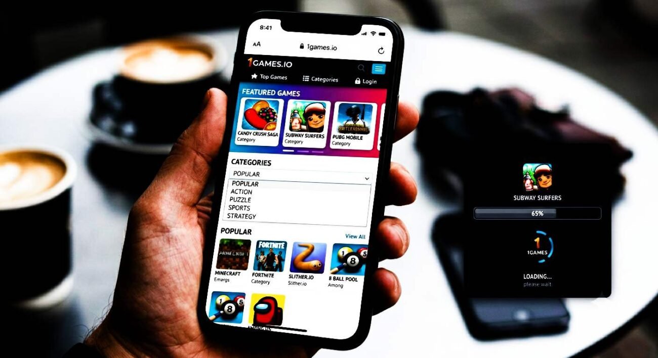 1Games.io mobile browser view showing responsive game grid on a smartphone screen
