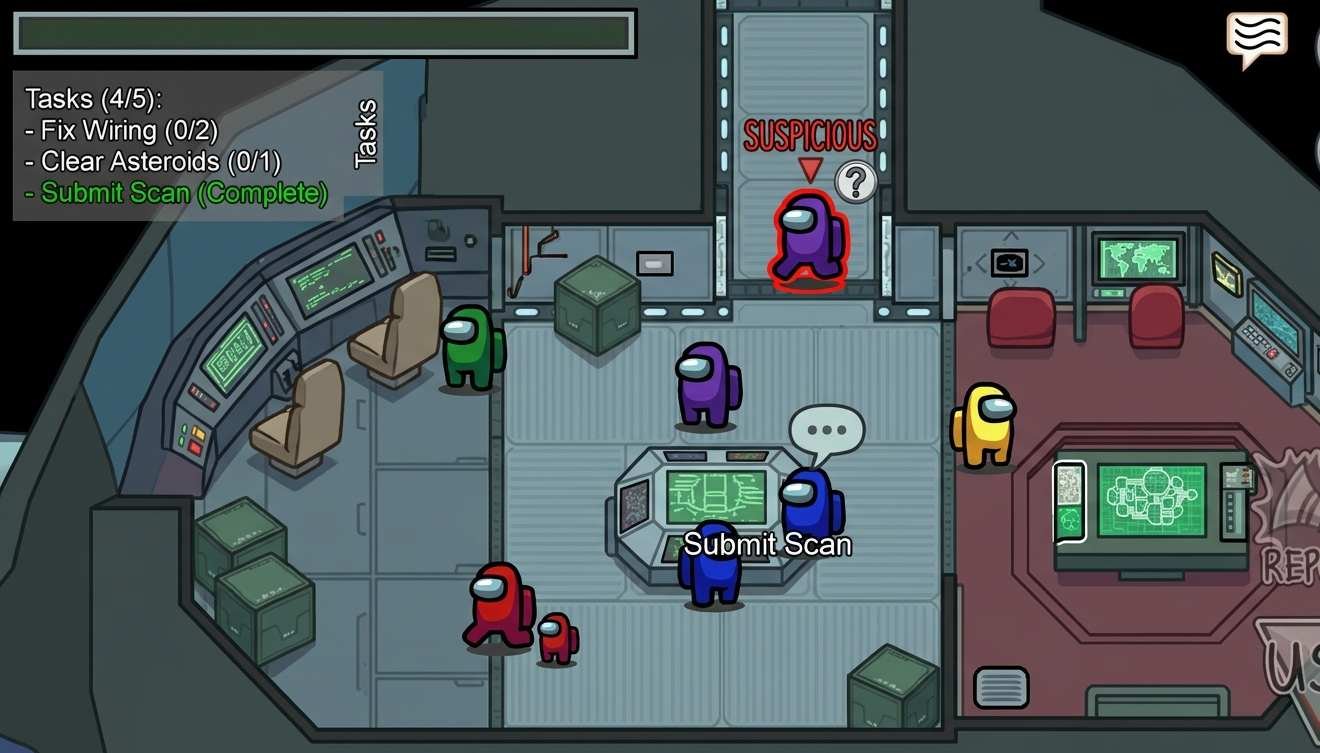 Among Us online multiplayer social deduction gameplay showing crewmates on a spaceship map