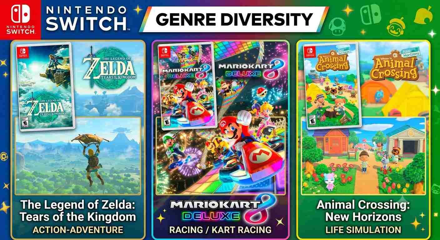 Collage of the best Nintendo Switch games including Zelda, Mario Kart and Animal Crossing