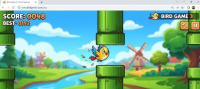 Bird Game 3 browser game showing cartoon bird navigating through pipe obstacles in a side-scrolling level