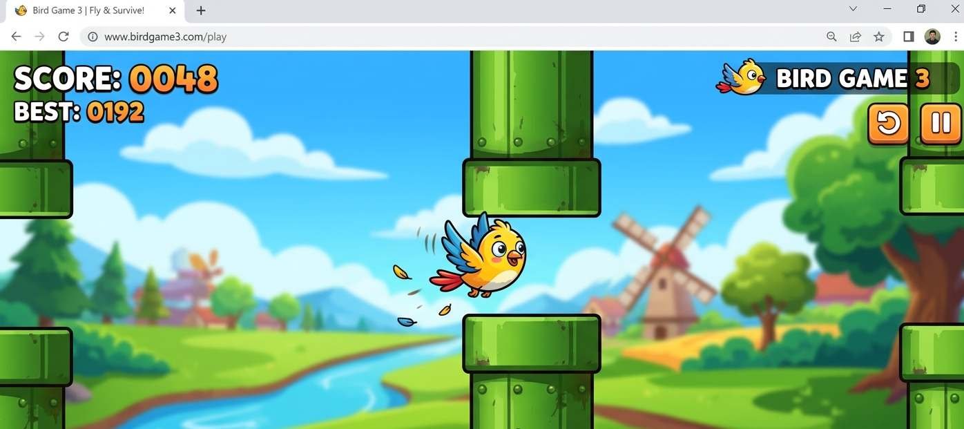 Bird Game 3 browser game showing cartoon bird navigating through pipe obstacles in a side-scrolling level