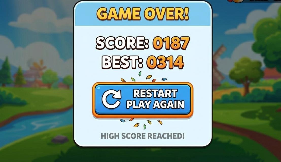 Bird Game 3 score screen showing current score, best score and restart button