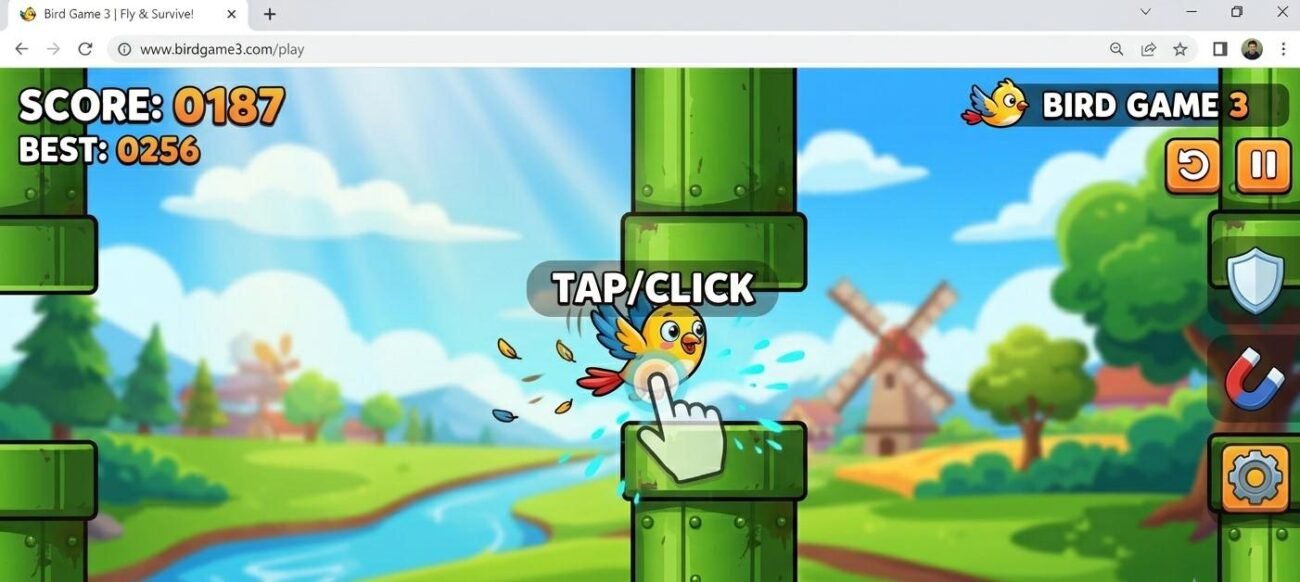 Bird Game 3 showing the tap to fly mechanic with score counter and obstacle gap
