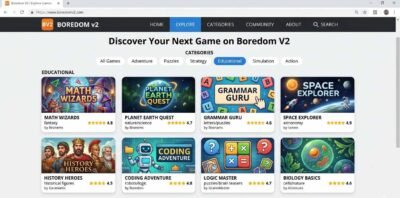 Boredom V2 homepage showing free educational browser games organized by category