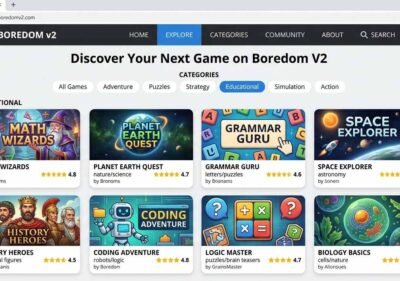 Boredom V2 homepage showing free educational browser games organized by category