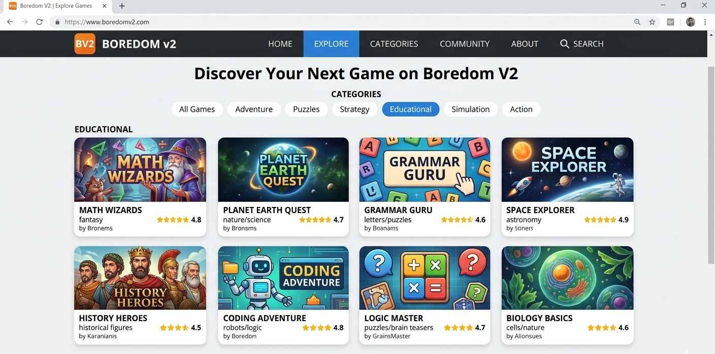 Boredom V2 homepage showing free educational browser games organized by category