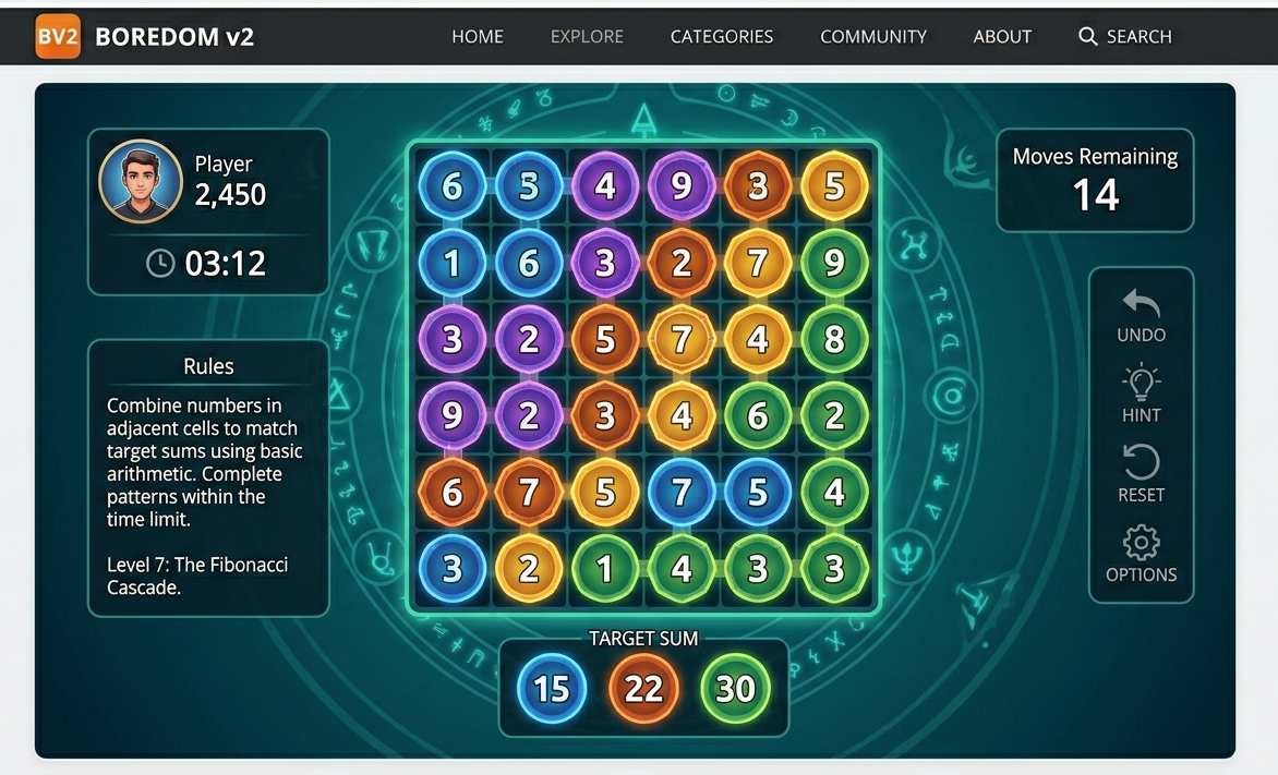 Educational math game running on Boredom V2 browser platform showing puzzle interface