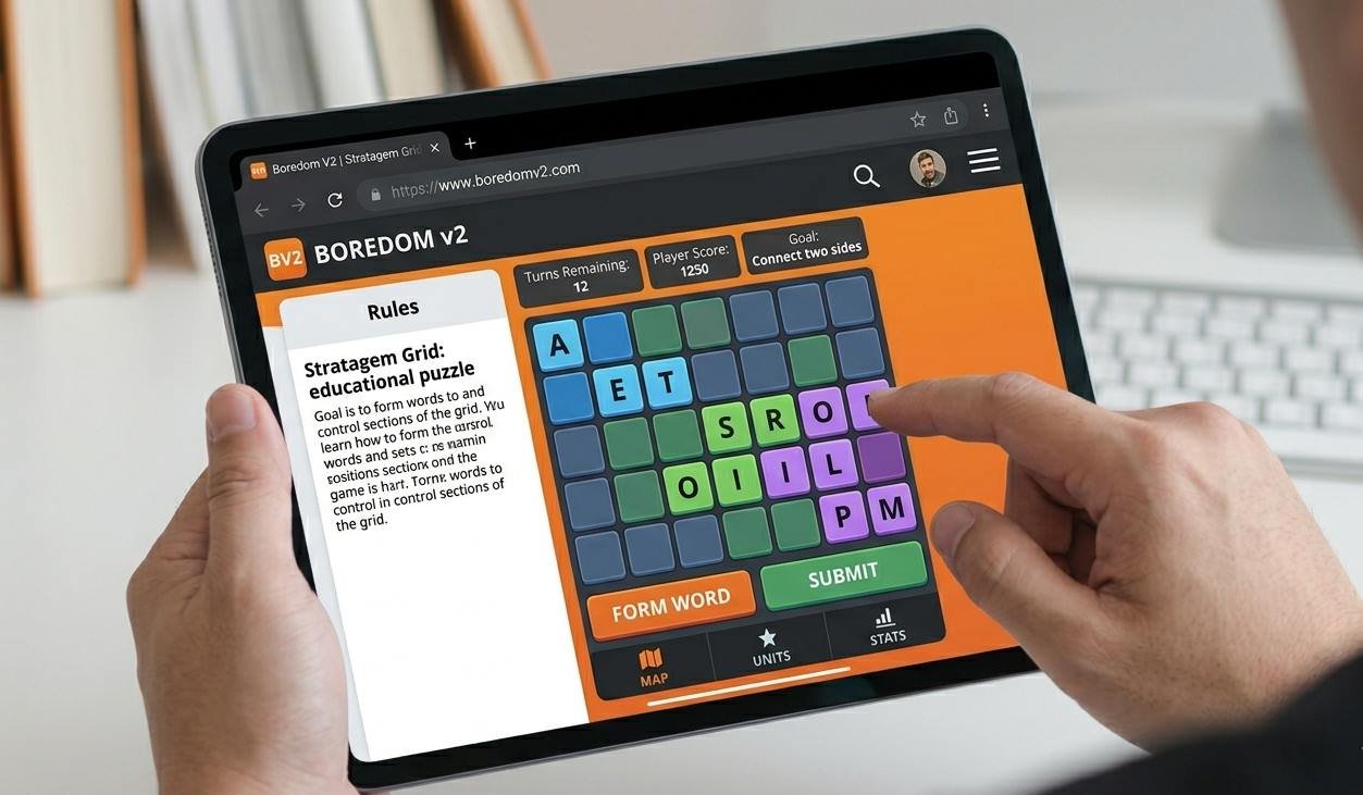 Boredom V2 educational game running on mobile browser showing touch-friendly interface