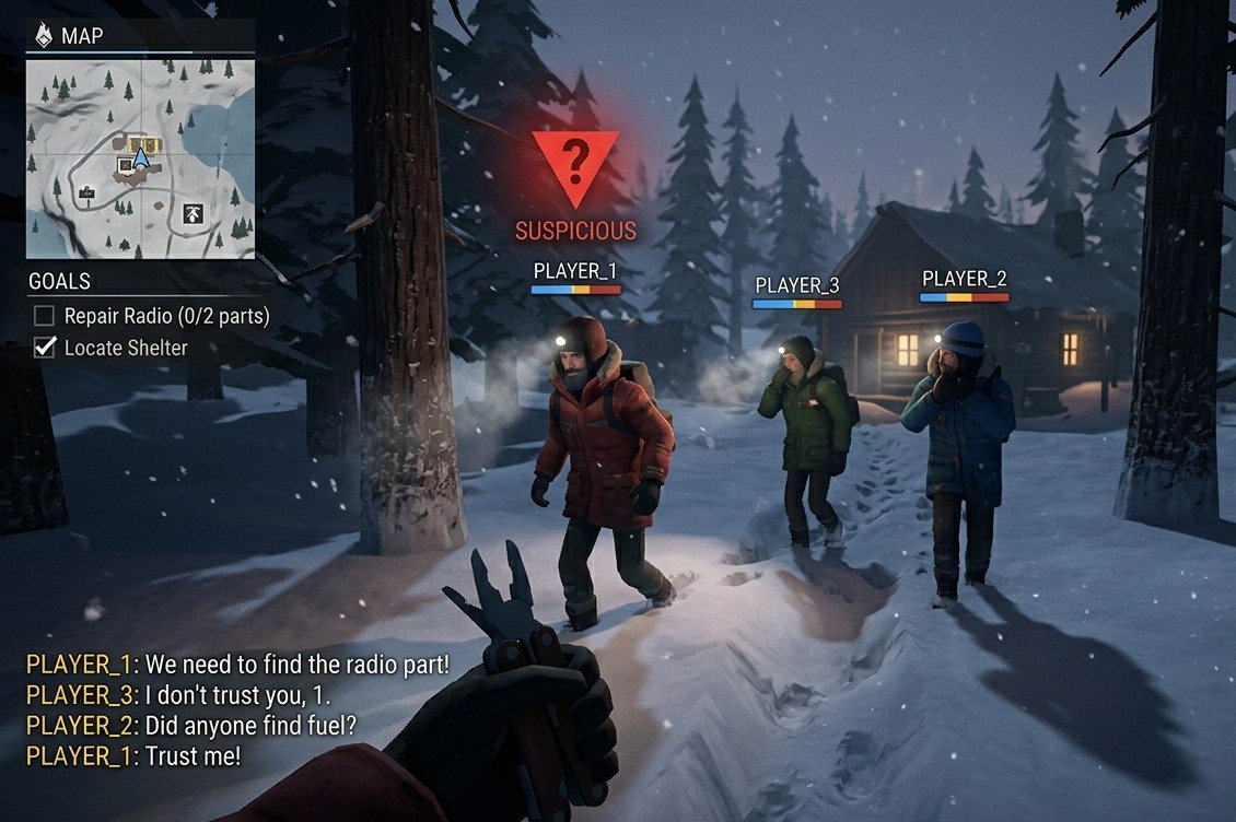 Deceit first-person social deduction multiplayer game showing players in a survival scenario