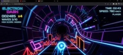 Electron Dash browser game showing glowing electron running through a neon obstacle tunnel