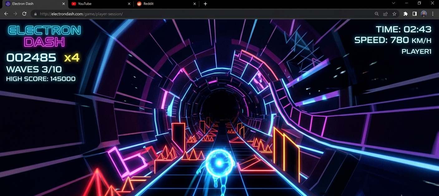 Electron Dash browser game showing glowing electron running through a neon obstacle tunnel