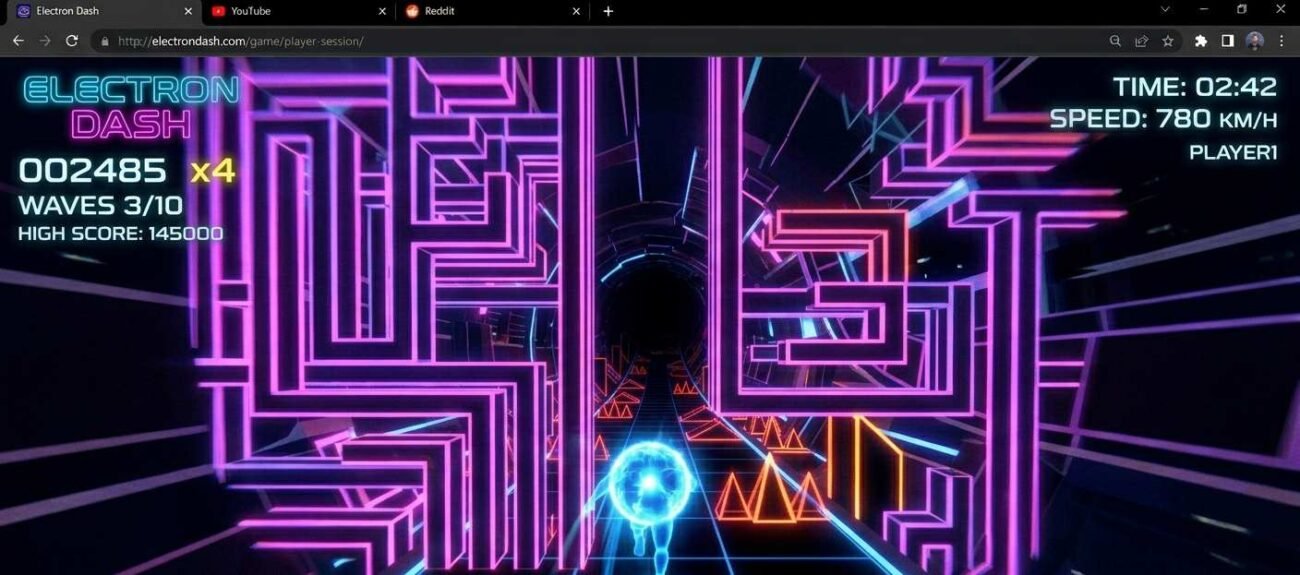 Electron Dash gameplay showing obstacle pattern and score counter mid-run