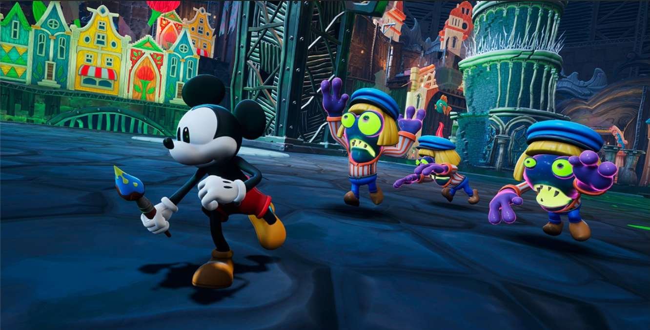 Epic Mickey Rebrushed gameplay showing Mickey using paint and thinner mechanics in Wasteland