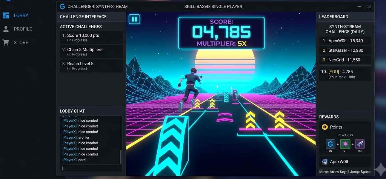 Game running inside Gamer Challenger platform showing score counter and challenge interface