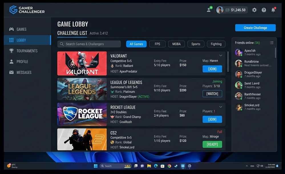 Gamer Challenger homepage showing competitive browser game challenges and game library