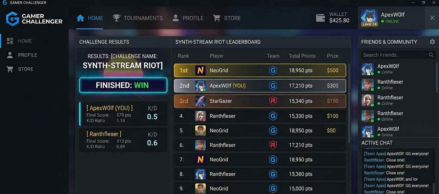 Gamer Challenger leaderboard showing player rankings and challenge scores