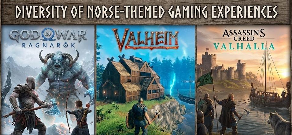 Collage of the best games about the Vikings including God of War, Valheim and Assassin's Creed Valhalla
