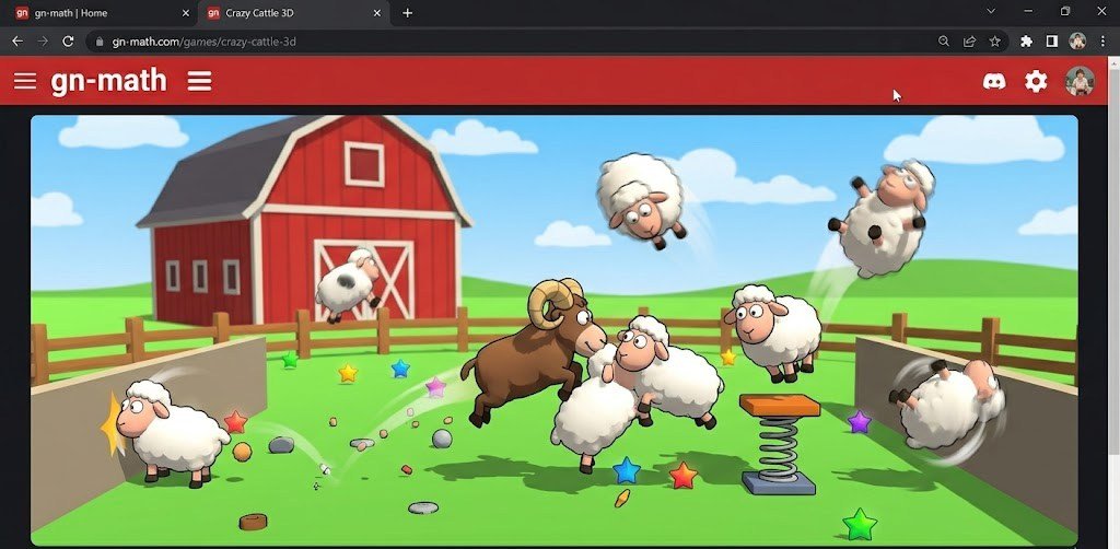 Crazy Cattle 3D browser game running on GN Math showing chaotic sheep physics gameplay