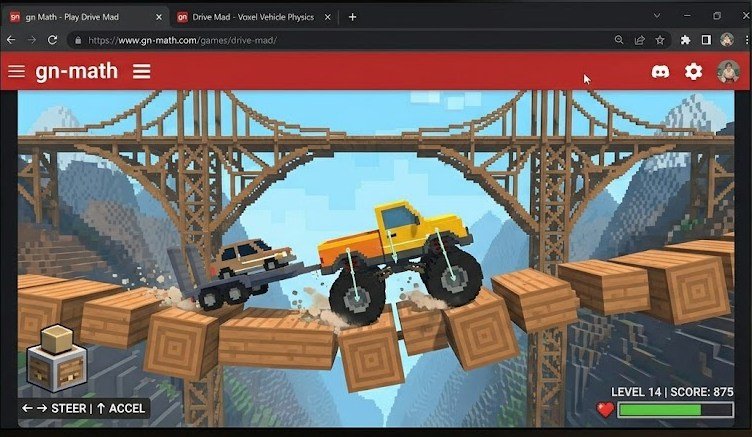 DriveMad browser game running on GN Math showing vehicle physics gameplay