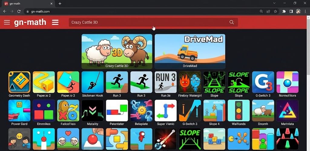 GN Math homepage showing free unblocked browser games including Crazy Cattle 3D