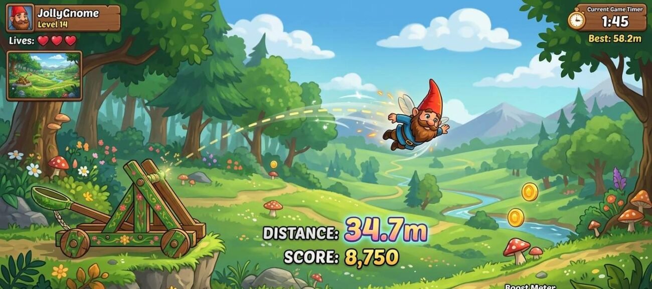 Gnome catapult game showing a gnome being launched with distance score on screen