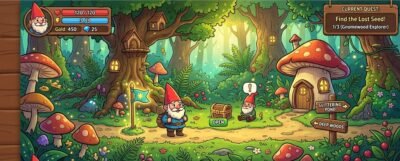 Gnome game browser gameplay showing a cartoon gnome character in a colorful fantasy environment