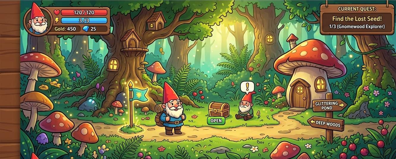 Gnome game browser gameplay showing a cartoon gnome character in a colorful fantasy environment