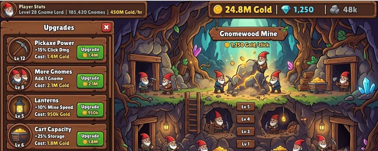 Gnome idle clicker game showing upgrade interface and resource counters in a browser game
