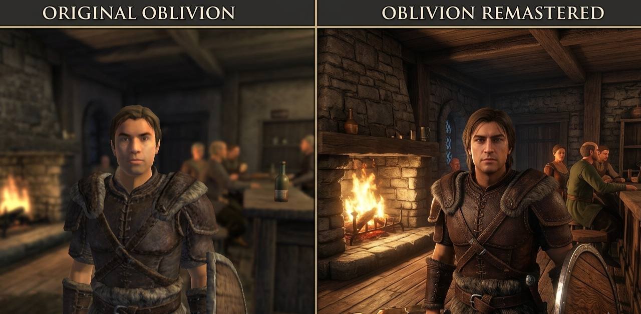 Side by side comparison of original 2006 Oblivion graphics versus Oblivion Remastered