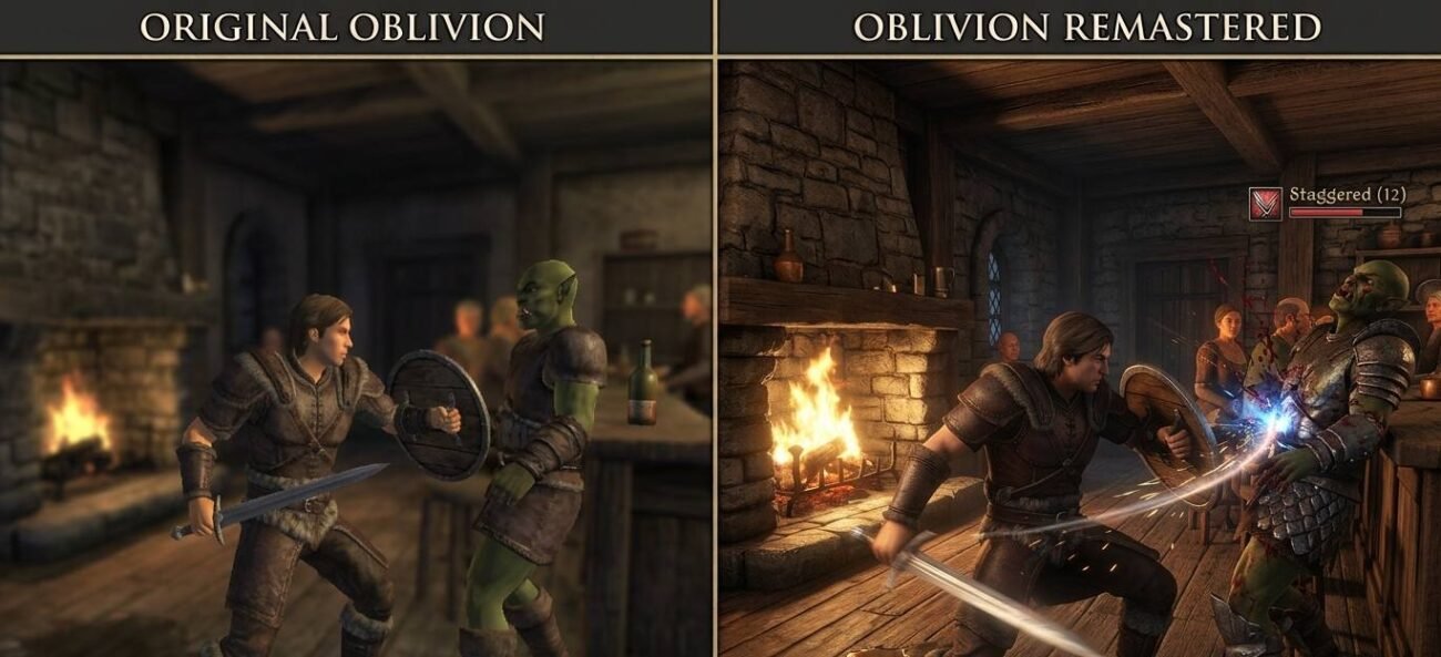 Oblivion Remastered combat gameplay showing updated animations and effects