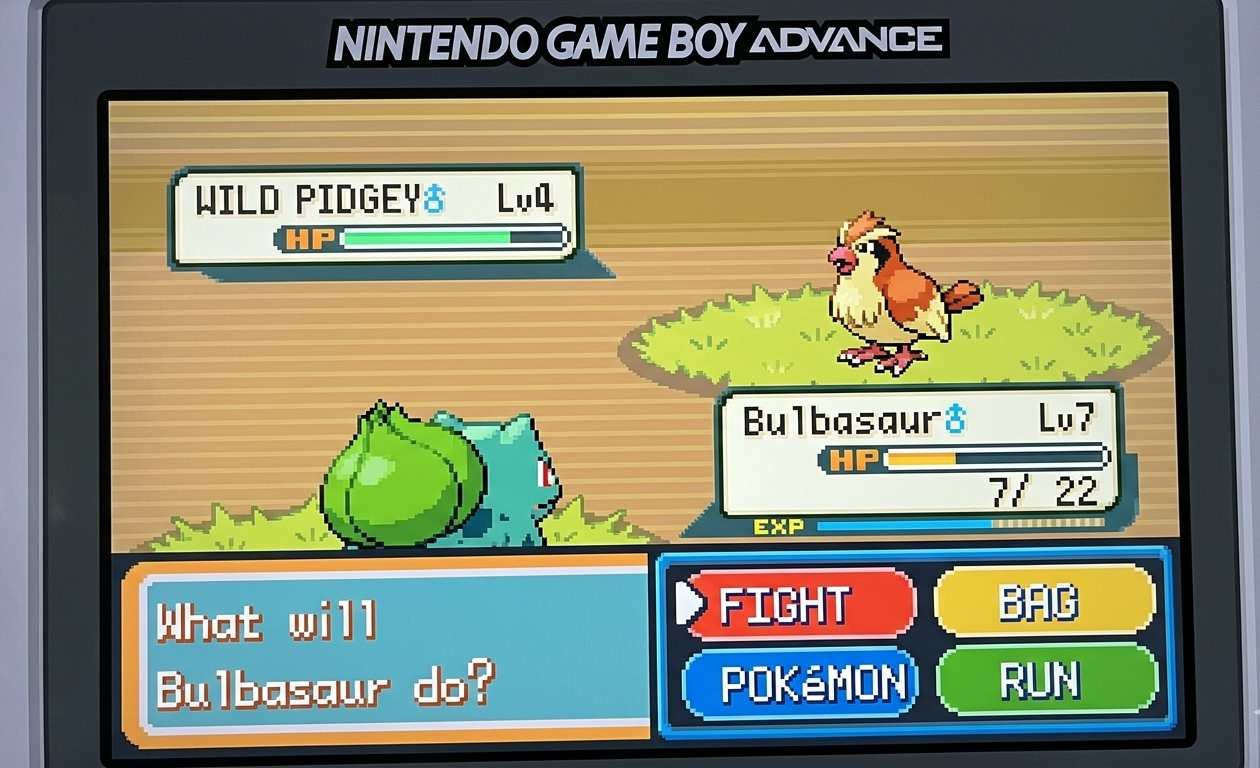 Pokémon FireRed GBA gameplay showing a classic Pokémon battle on the handheld screen