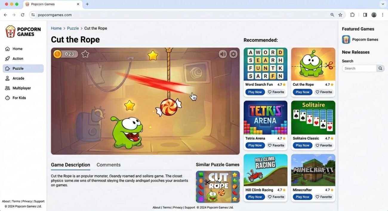 Casual browser game running inside the Popcorn Games platform interface
