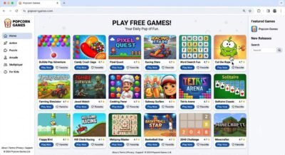 Popcorn Games homepage showing free casual browser games in a colorful grid layout