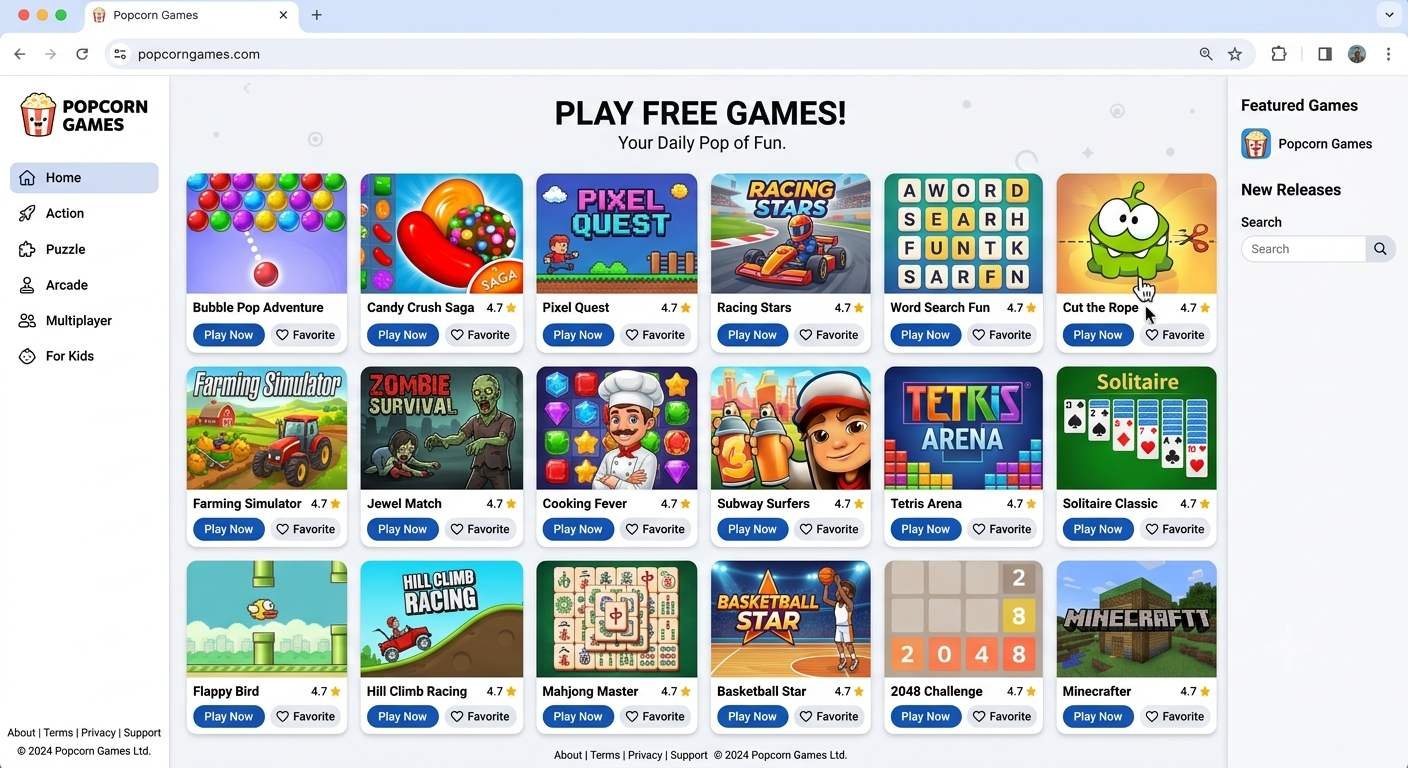 Popcorn Games homepage showing free casual browser games in a colorful grid layout