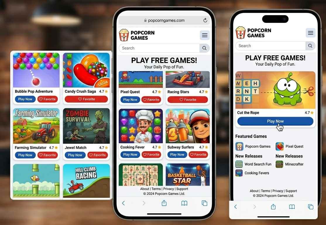 Popcorn Games mobile browser view showing responsive game grid on smartphone