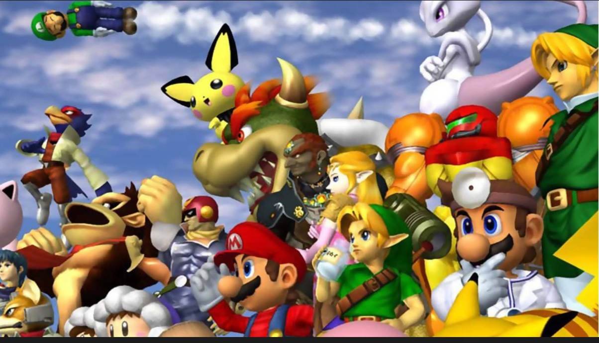 Super Smash Bros Melee gameplay showing four-player battle on GameCube