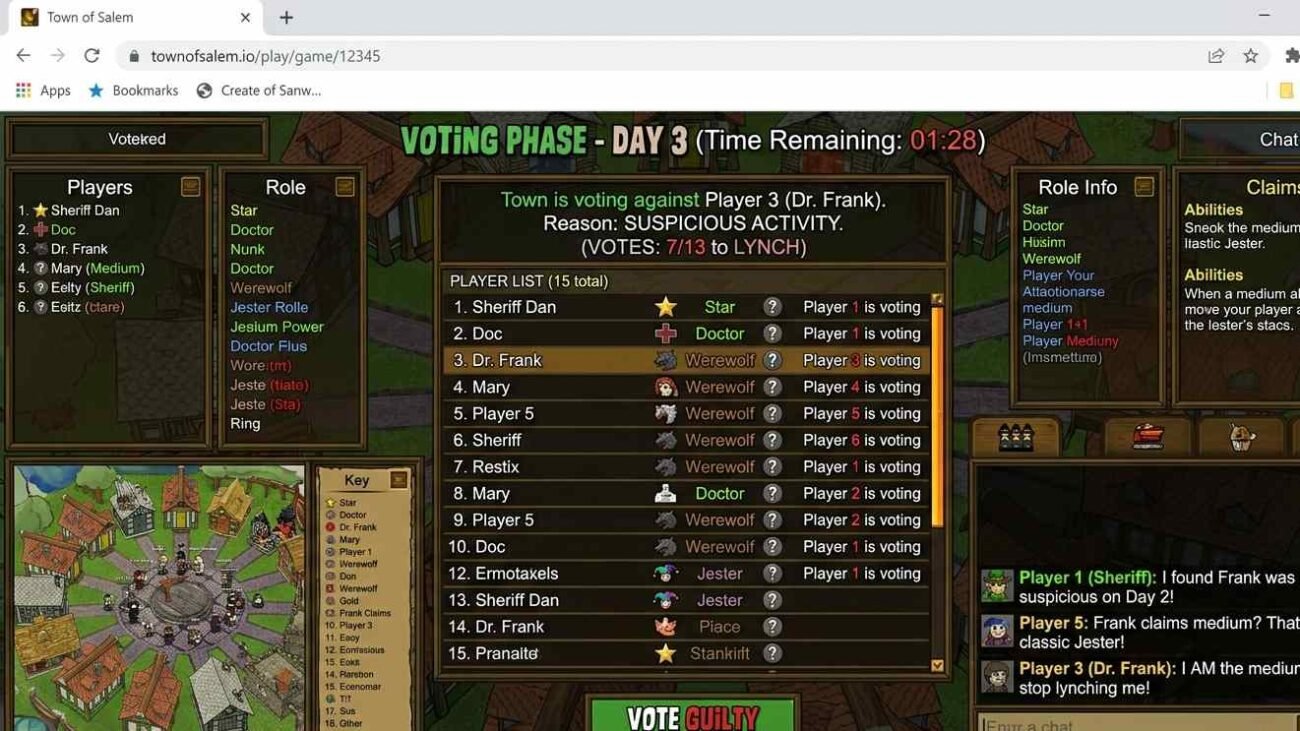 Town of Salem social deduction game showing the day phase voting and accusation interface