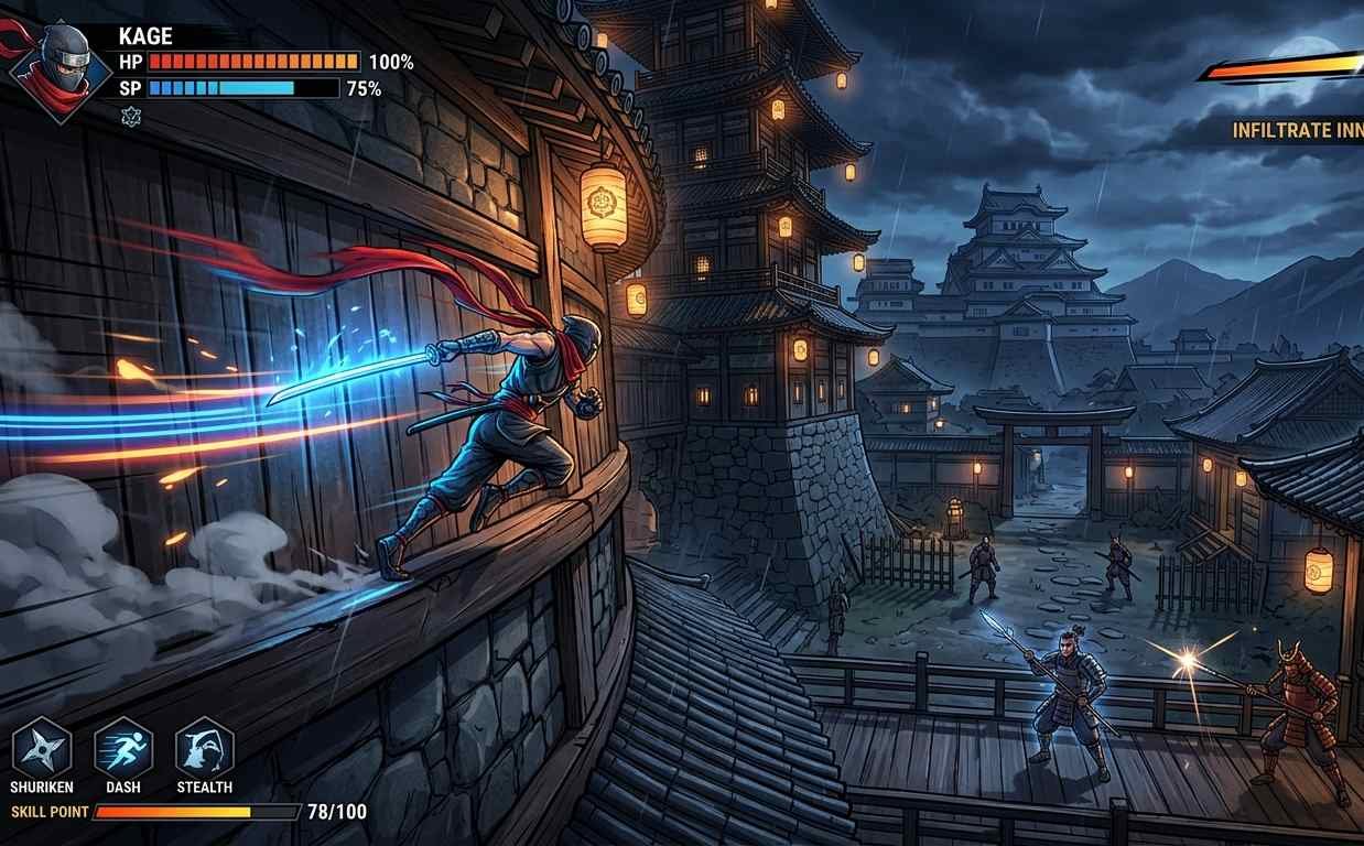 Kage game showing movement and traversal mechanics during the playtest build