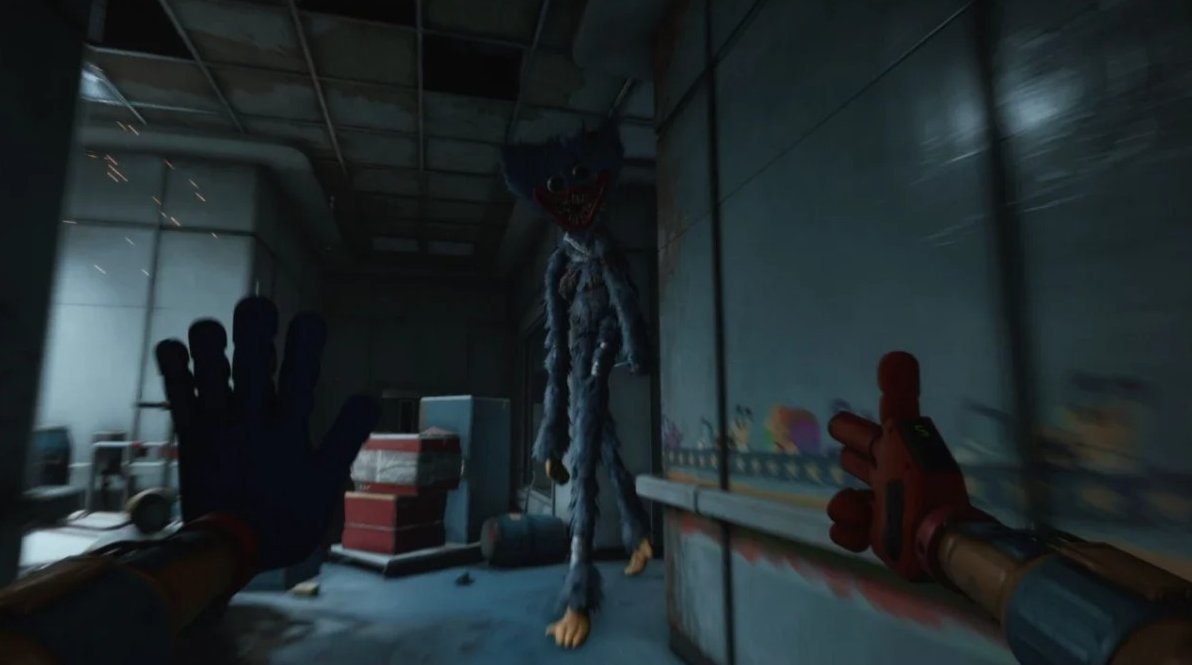 Poppy Playtime Chapter 5 gameplay showing a dark Playtime Co facility corridor