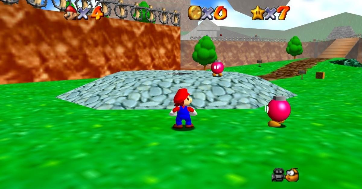 Super Mario 64 N64 gameplay showing Mario jumping in the classic 3D platformer