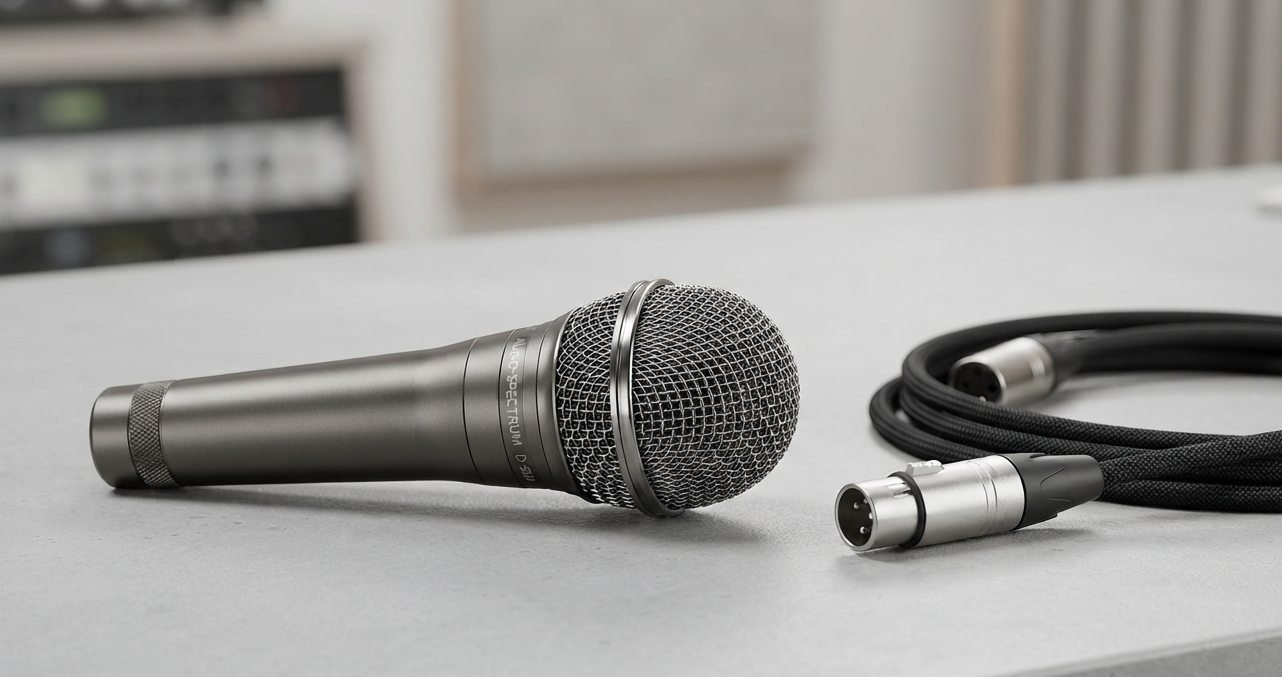 The 5 Core handheld microphone shown with its XLR cable on a clean desk setup