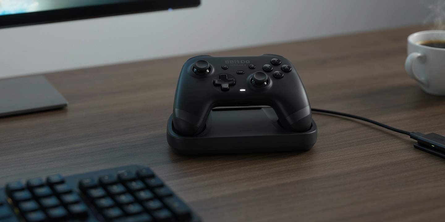 8BitDo Ultimate 2 wireless controller with charging dock