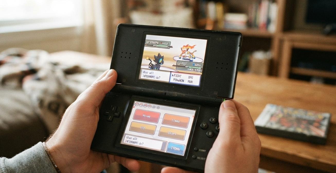 Best DS games shown on an open dual-screen Nintendo DS console