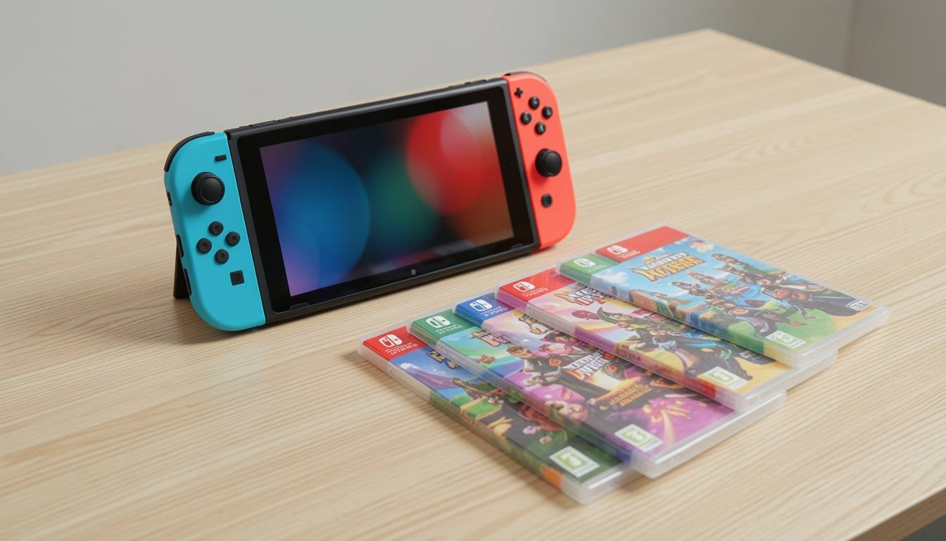 Best Switch games shown as a collection of physical game cases beside the console