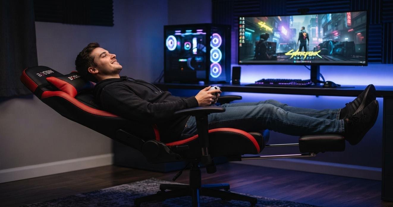 Bossin adjustable reclining gaming chair with footrest