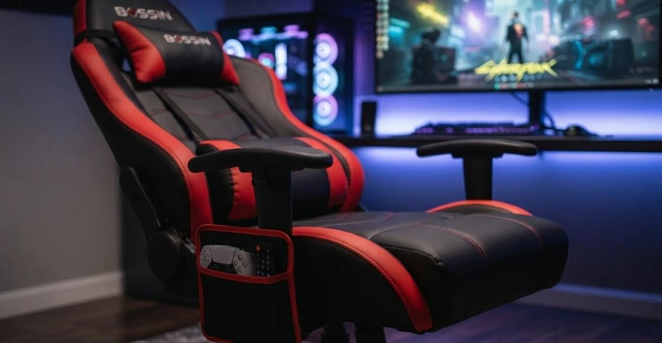 Bossin gaming recliner with lumbar support headrest and footrest