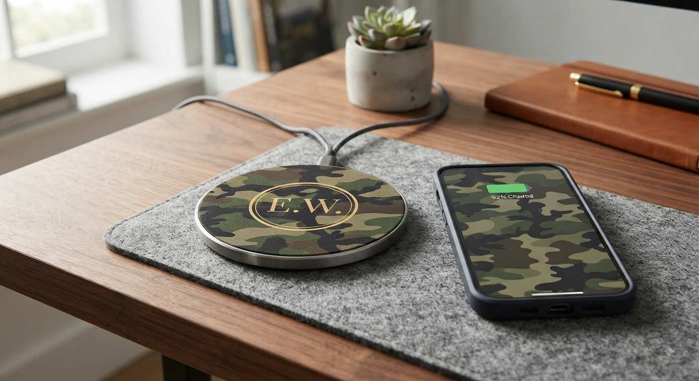 Classy Chargers monogram camo phone charger beside a smartphone