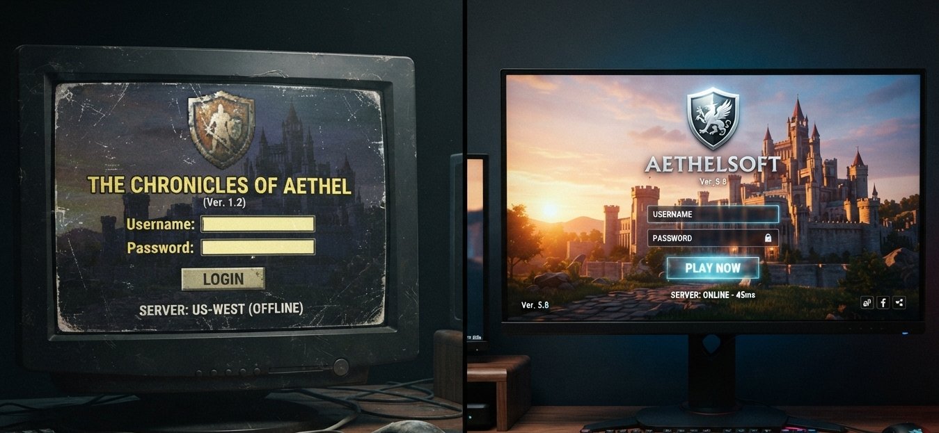 Daum Games Black Desert publisher history shown as an old login screen fading into a modern one